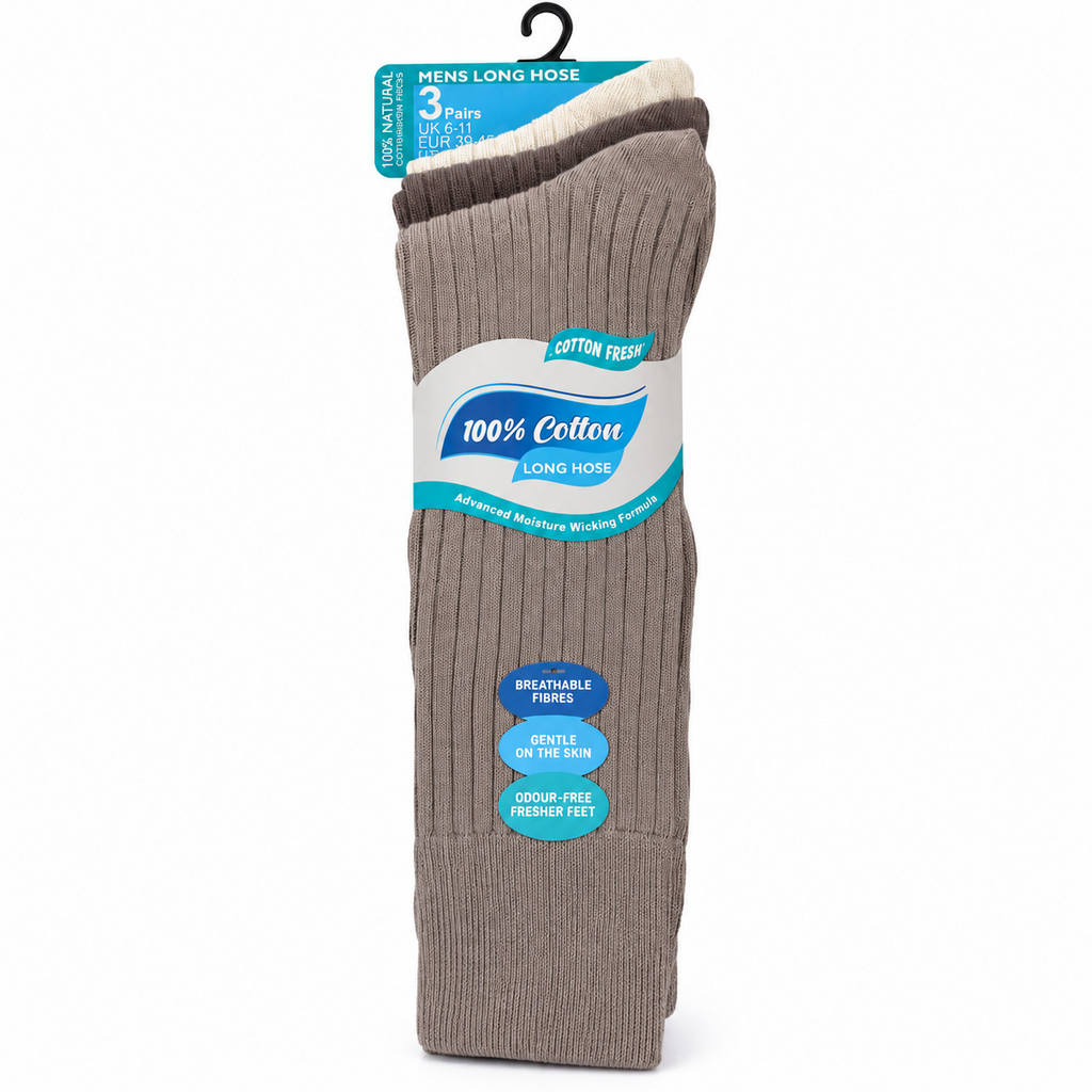 Pack D contains three pairs of socks in taupe, dark grey and cream