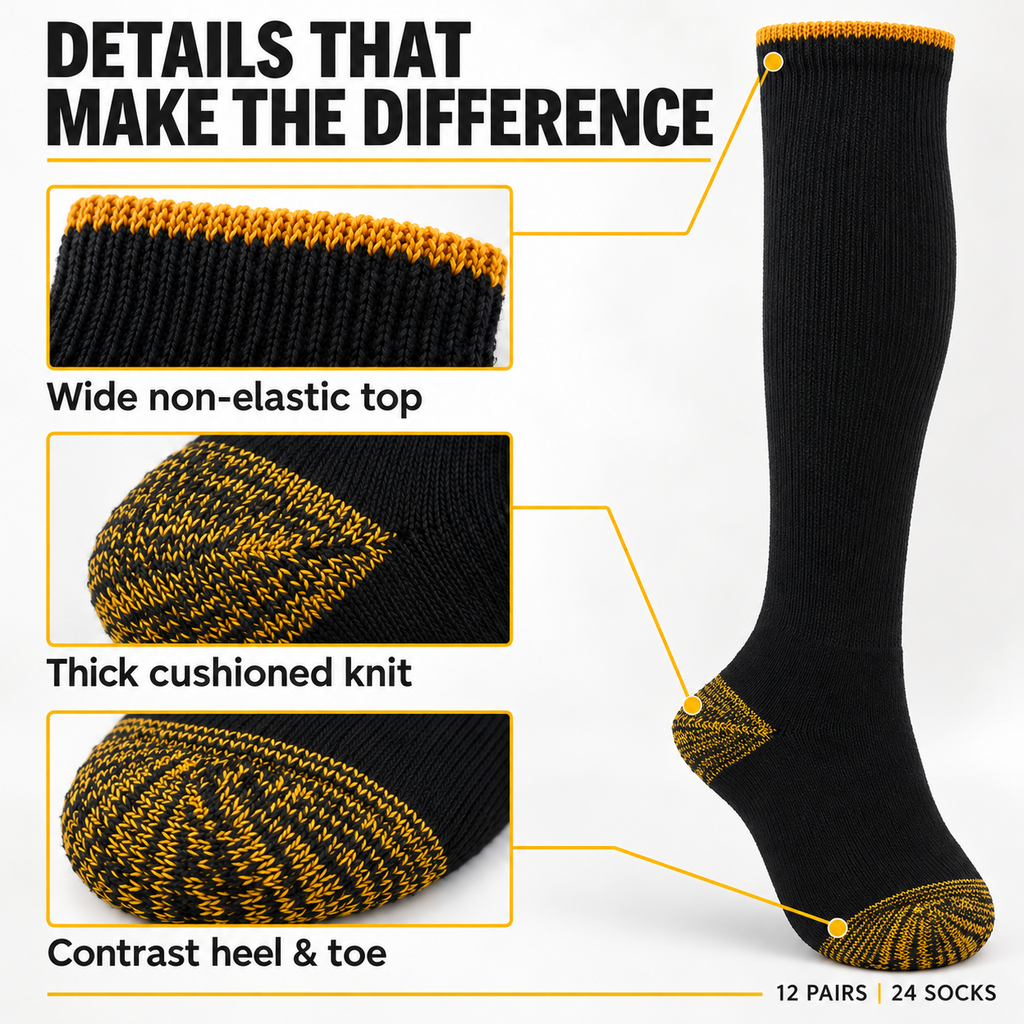 Black over-the-calf work sock with mustard-gold heel and toe details, wide non-elastic top and thick knit