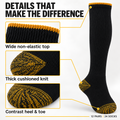 Black over-the-calf work sock with mustard-gold heel and toe details, wide non-elastic top and thick knit