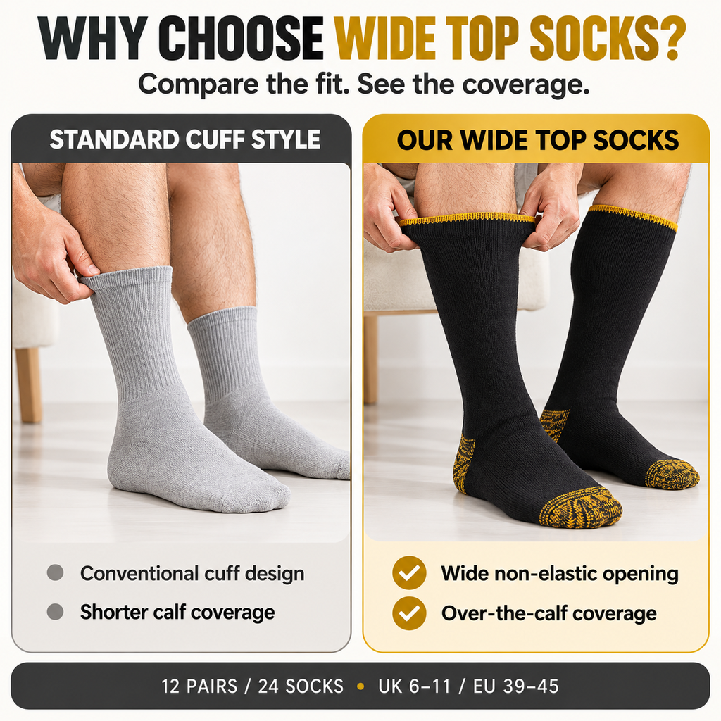 Fit comparison of wide top over-the-calf work socks and a standard cuff style