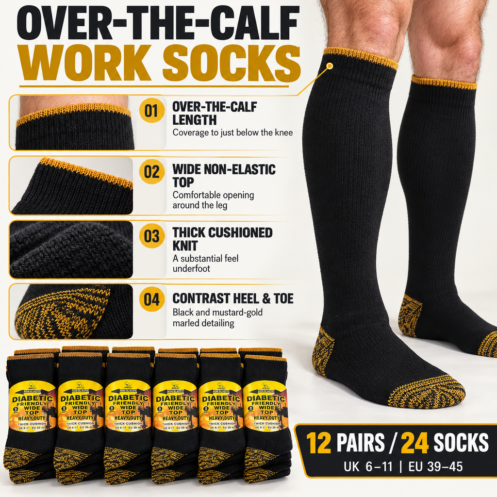 Men's wide top work socks overview showing 12 pairs, UK size 6–11, over-the-calf length and thick cushioning