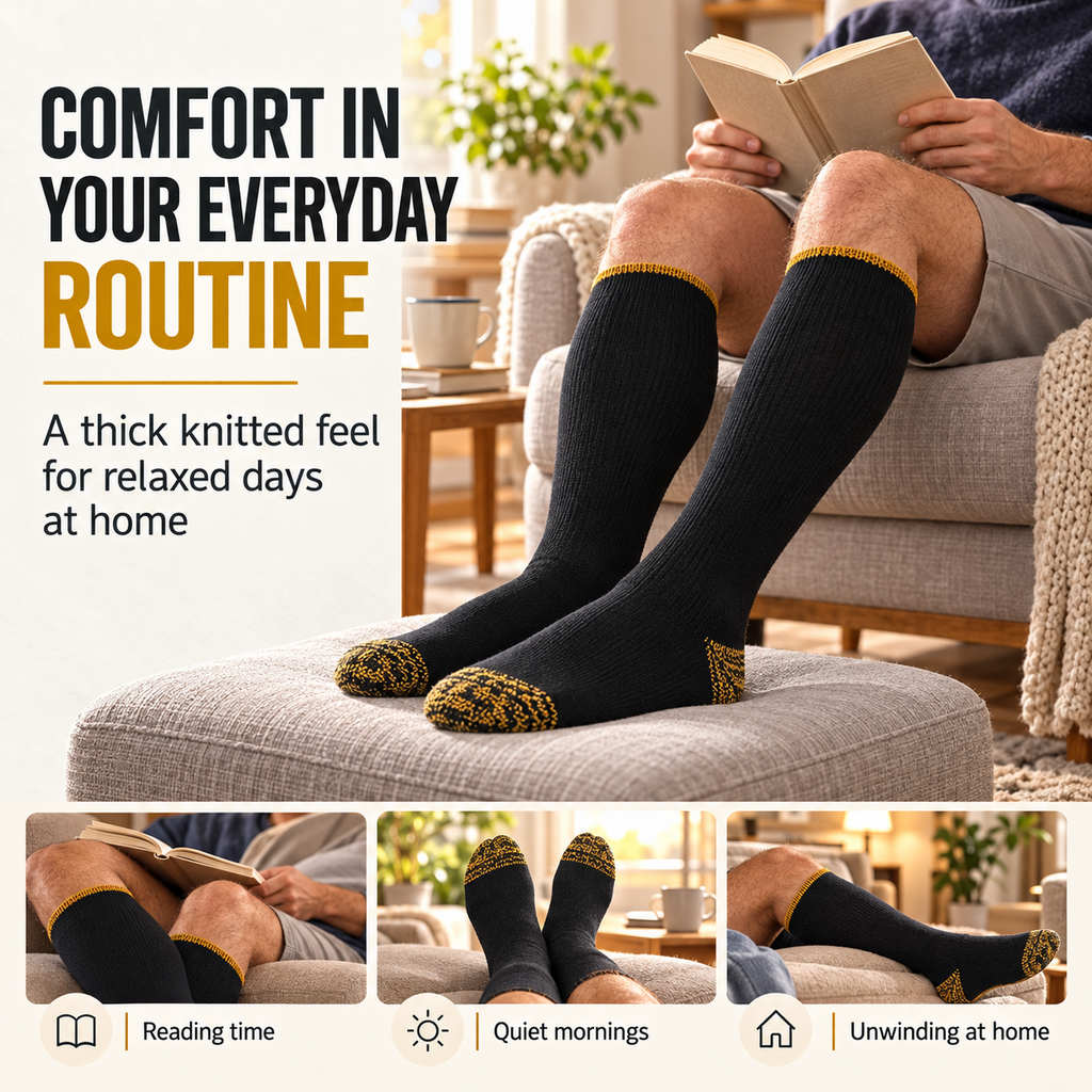 Men's black and mustard-gold over-the-calf socks worn while relaxing and reading at home