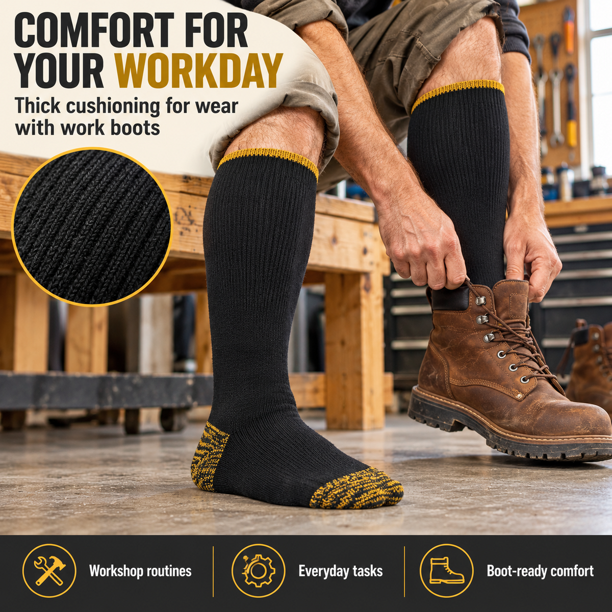 Black and mustard-gold wide top work socks worn with work boots in a workshop