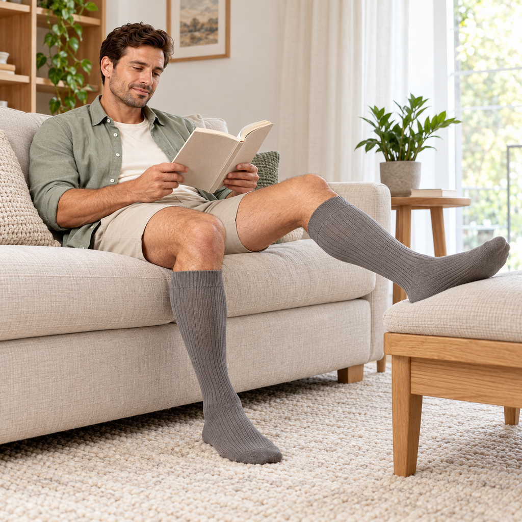 Model relaxing on a sofa and reading while wearing grey long hose socks