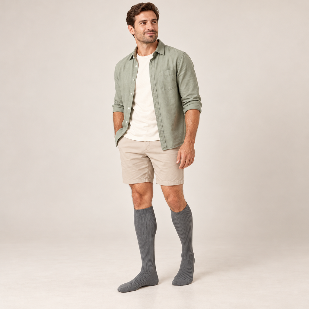 Standing model wearing grey over-calf socks with beige shorts
