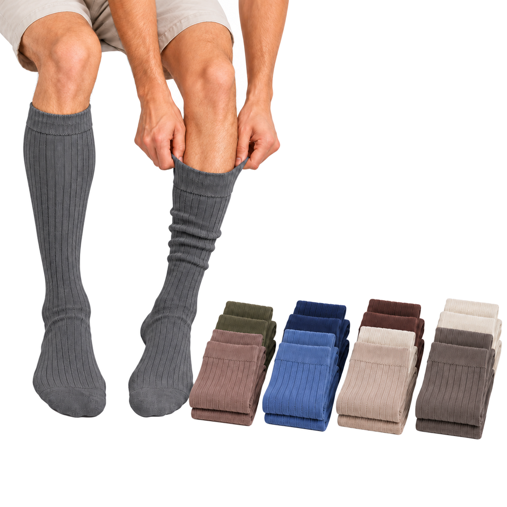 Model wearing grey long hose socks beside four assorted three-pair bundles