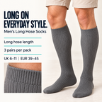 Grey long hose socks showing over-calf fit, ribbed cuff, UK size 6–11 and EUR 39–45