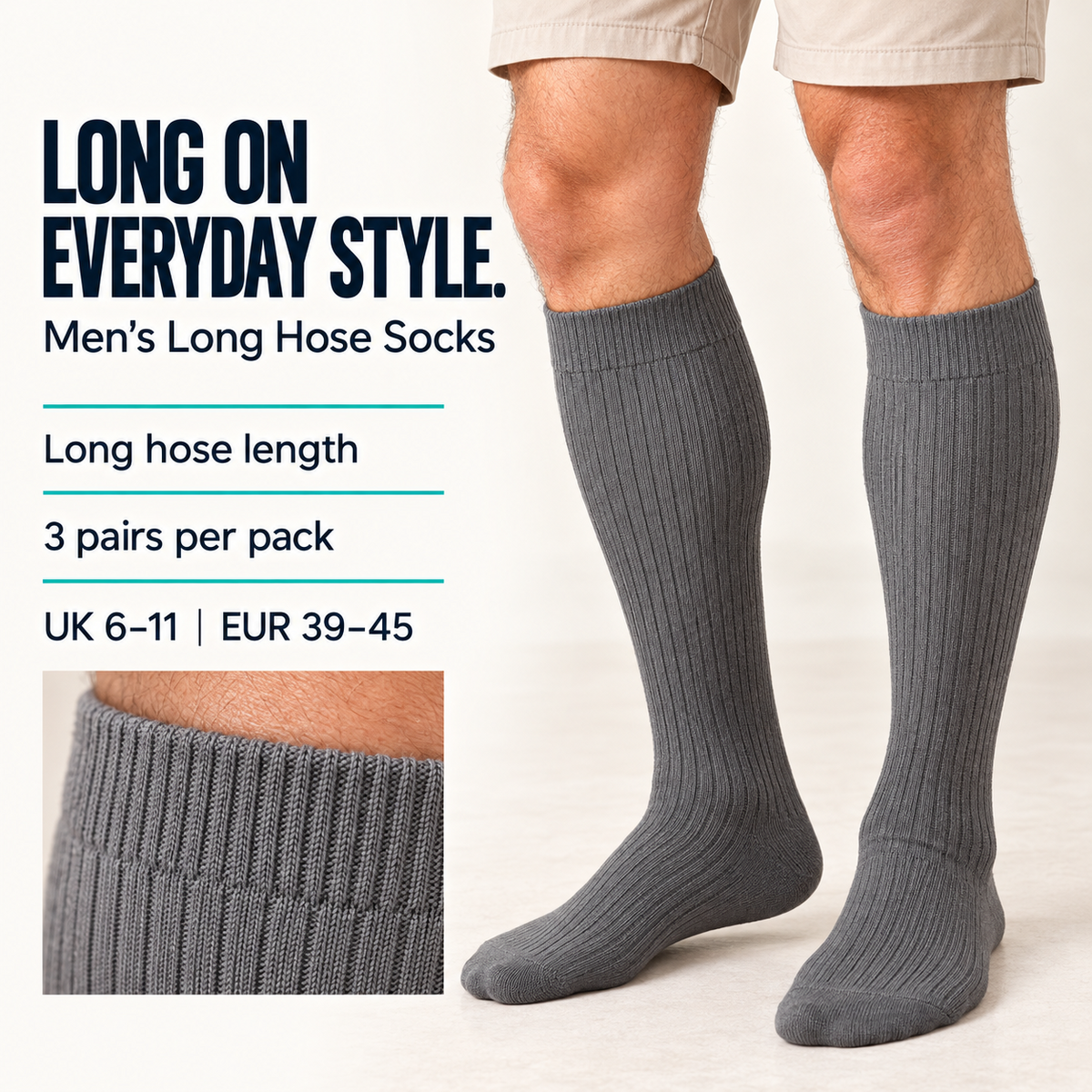Grey long hose socks showing over-calf fit, ribbed cuff, UK size 6–11 and EUR 39–45