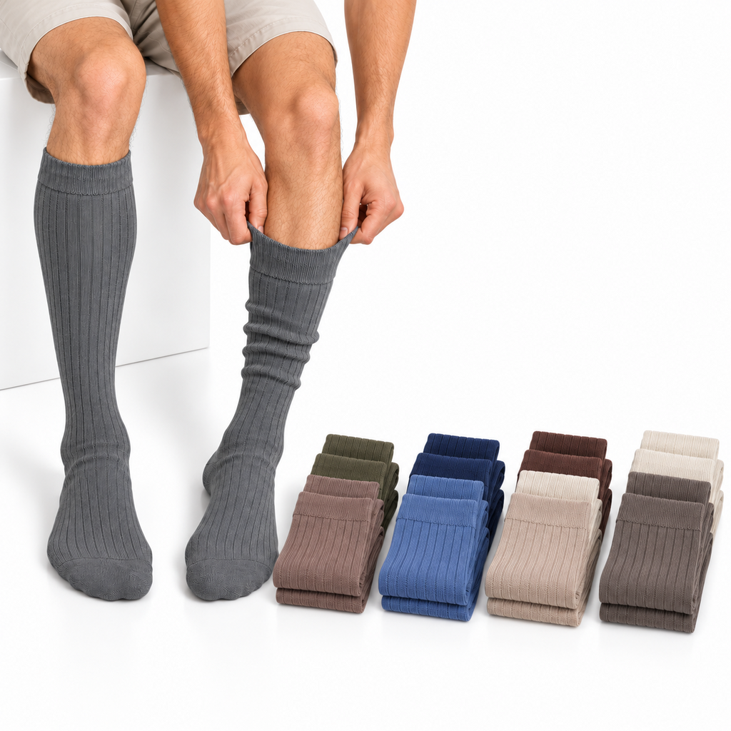 Grey long hose socks worn by a model beside four three-pair colour bundles